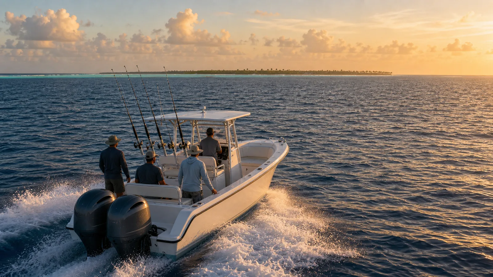 Sport fishing vessel on open southern Maldives water with a distant reef line at golden hour