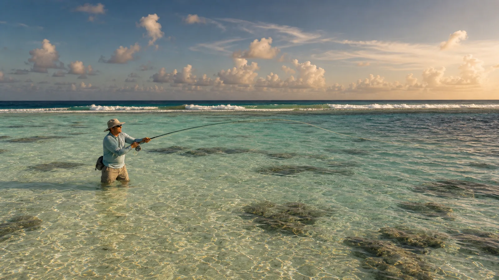 Maldives fly angler casting from a turquoise flats sandbank at low tide