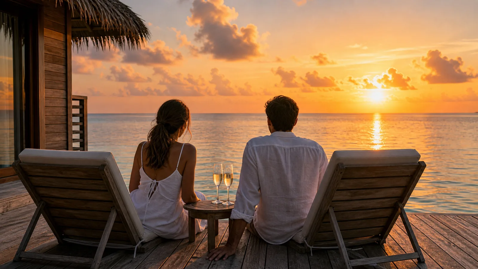 Maldives honeymoon couple back view on overwater villa deck at sunset with champagne glasses