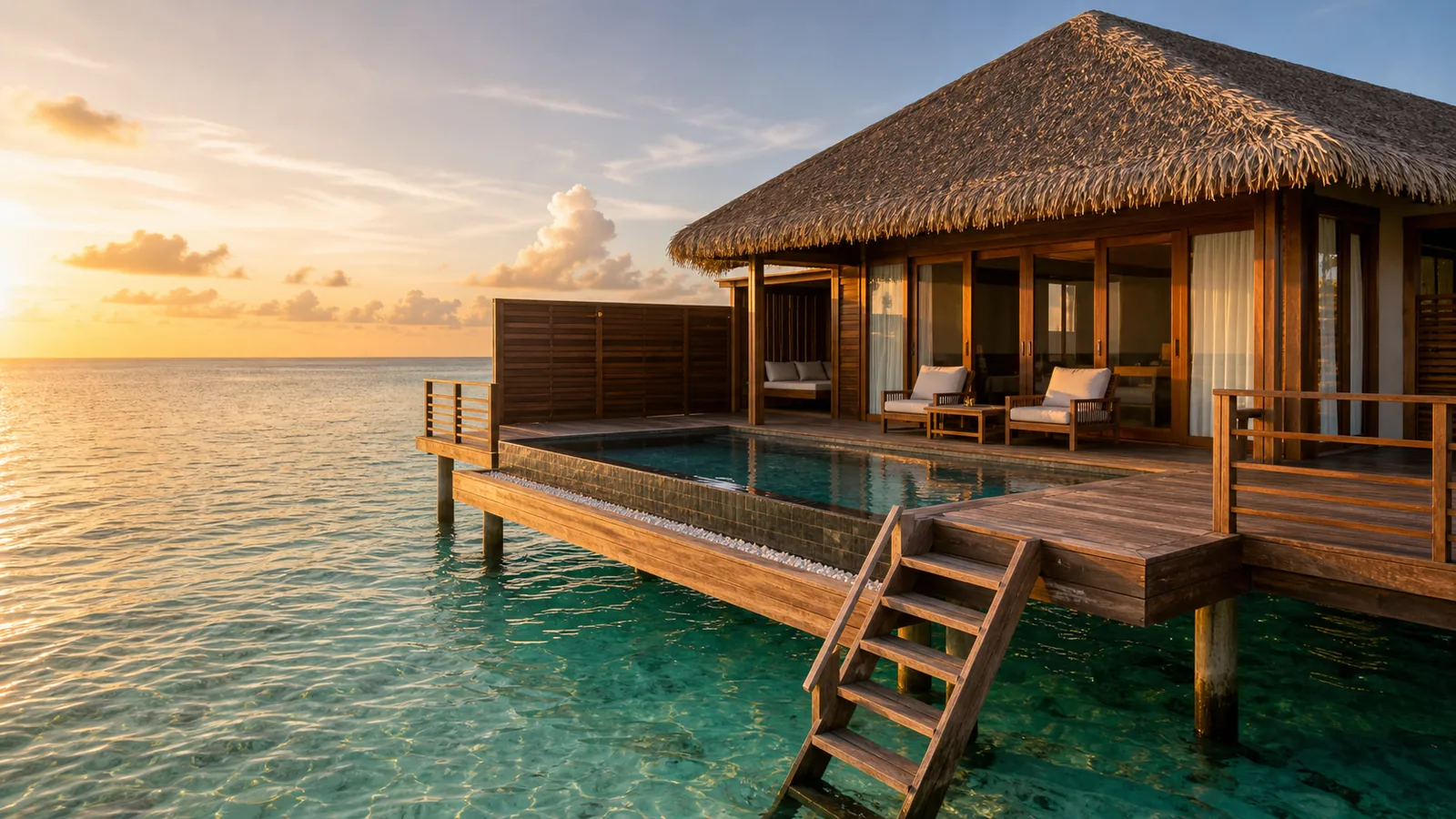 Luxury Maldives water villa with private pool deck overlooking turquoise lagoon at golden hour