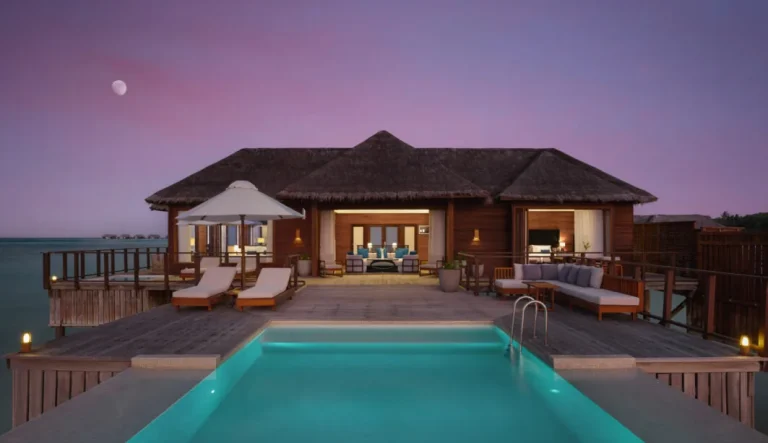 Private pool and deck of the Two Bedroom Rangali Ocean Pavilion over the lagoon at Conrad Maldives Rangali Island, South Ari Atoll