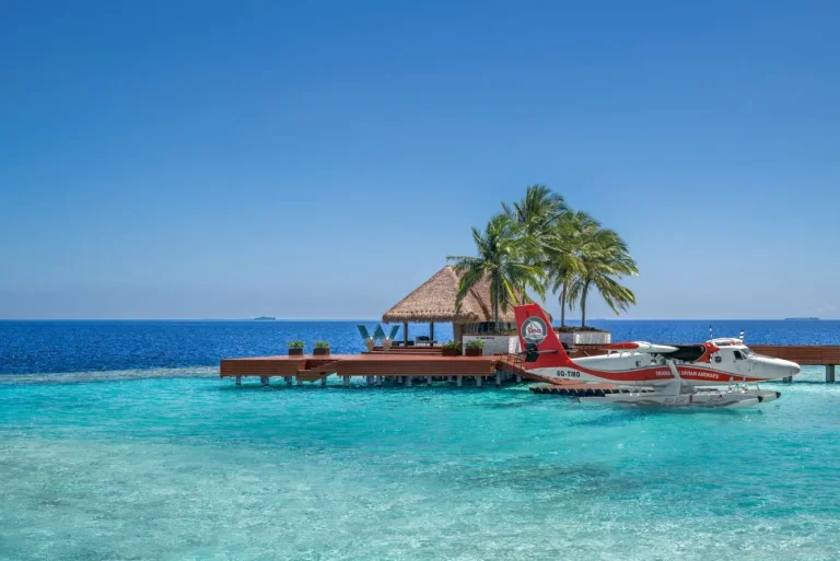 Seaplane moored at the arrival platform beside a thatched overwater jetty at W Maldives, North Ari Atoll, Maldives