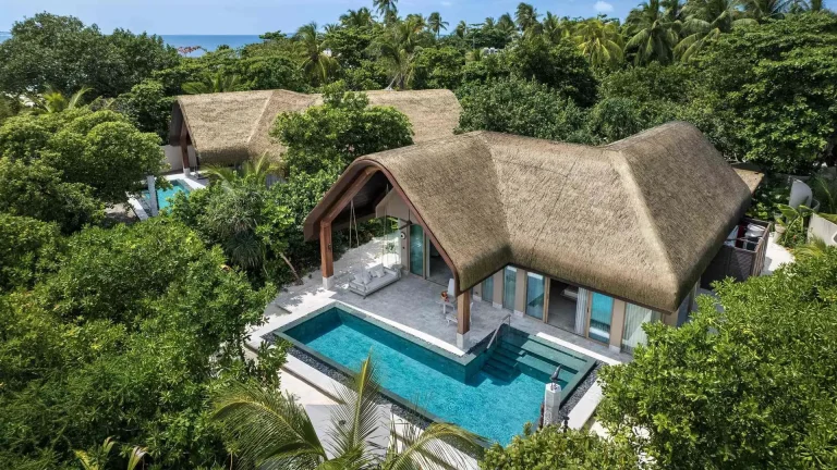 Aerial view of a Grand Beach Pool Villa with a long private pool, thatched roof and garden opening onto a white beach at JOALI BEING, Raa Atoll, Maldives