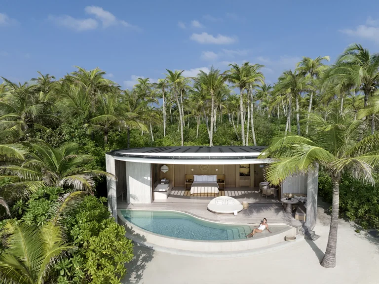 One Bedroom Beach Pool Villa with a curved private pool opening onto the beach and lagoon at The Ritz-Carlton Maldives, Fari Islands, North MalΓ© Atoll