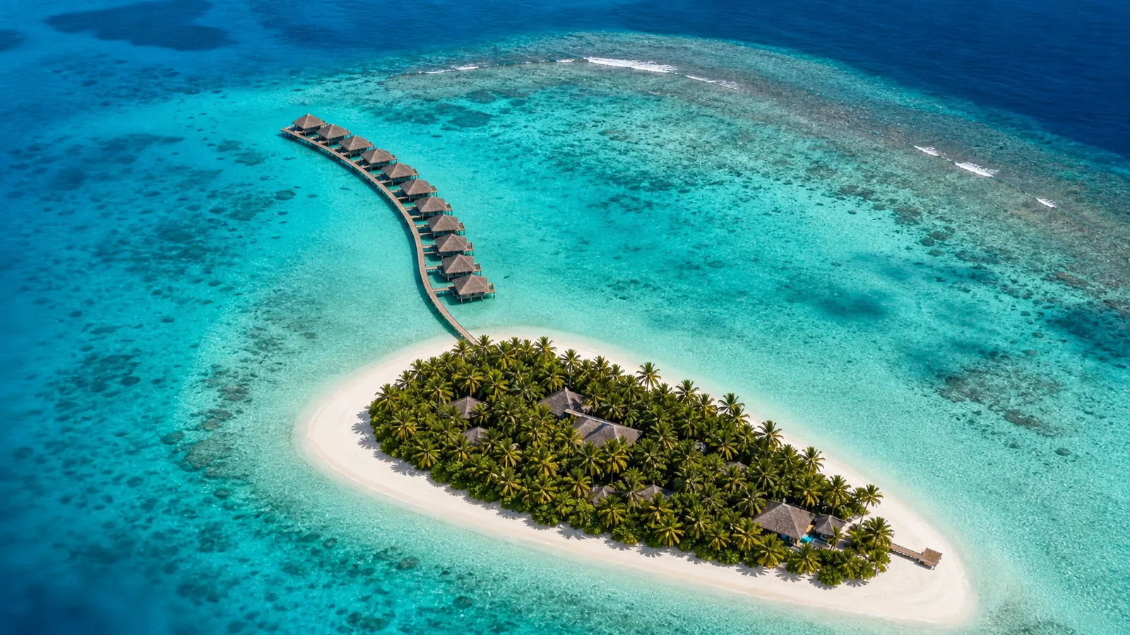 Aerial view of a small Maldives resort island with a long line of overwater villas extending into the lagoon