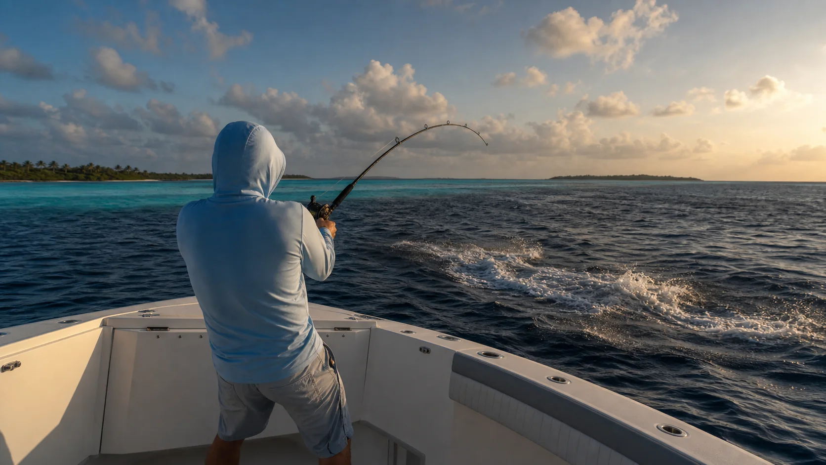 Angler hooked into a fish on a sport fishing boat in a Maldives atoll channel at sunrise
