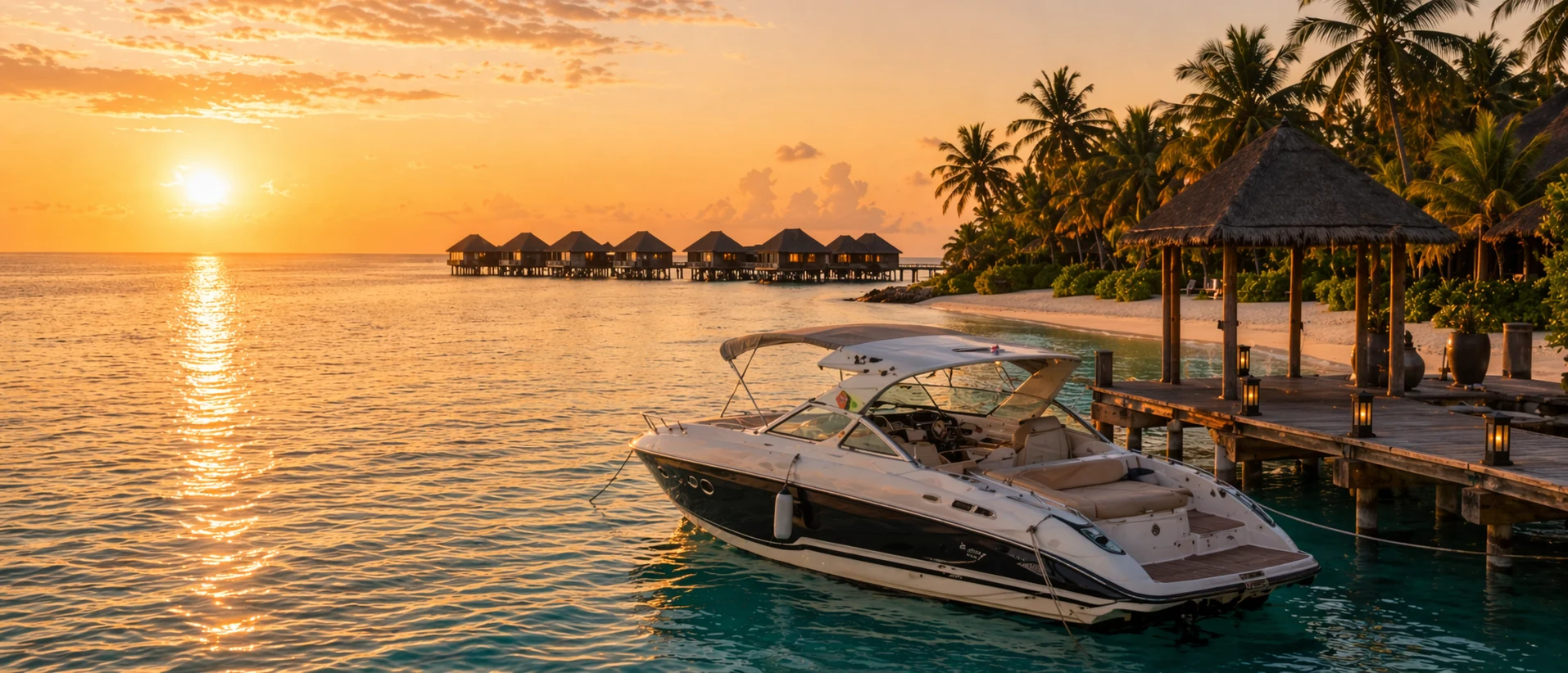 Premium Maldives sunset cruise boat near a luxury island at golden hour