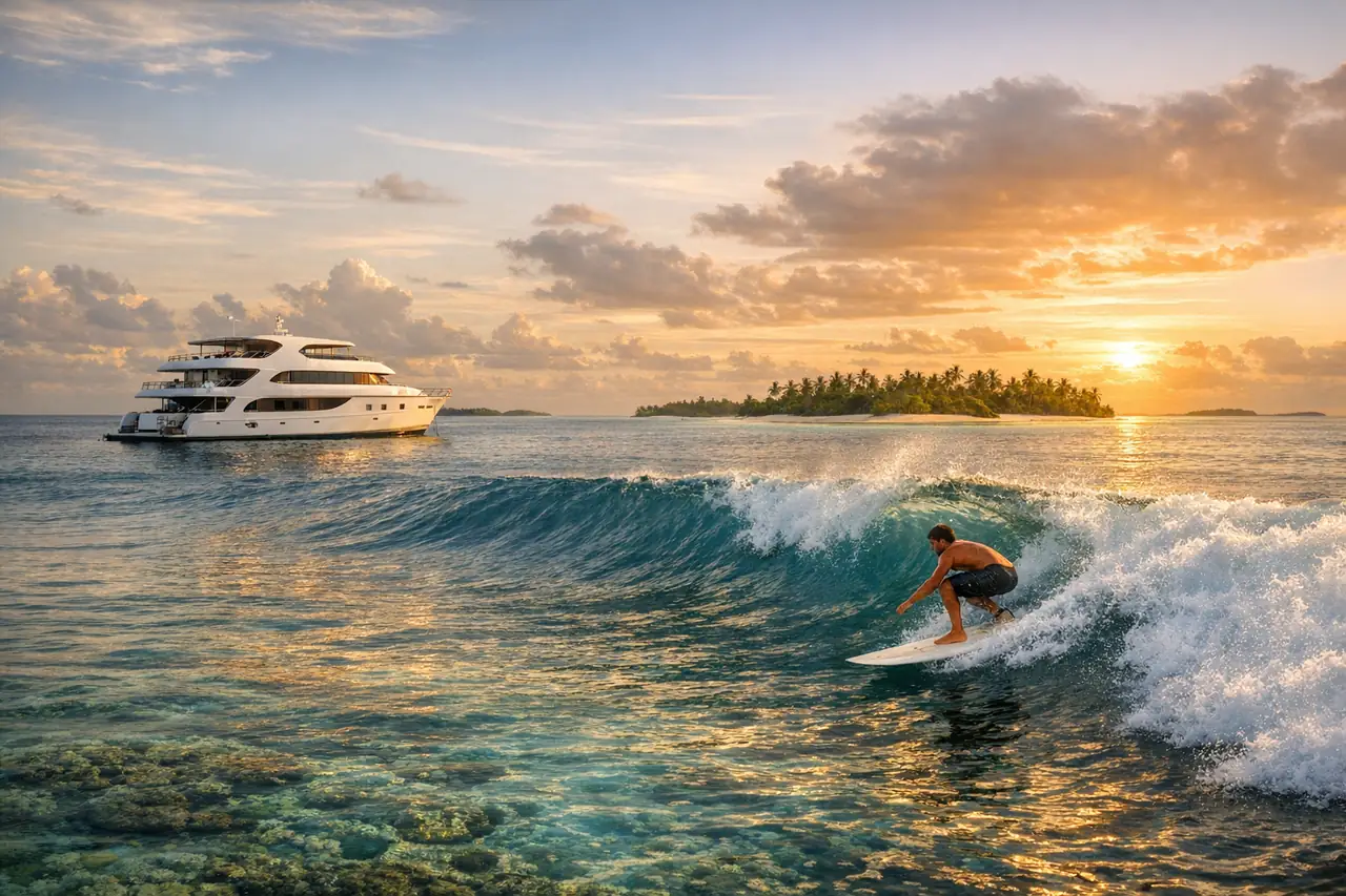Maldives surf liveaboard anchored near a reef pass while a surfer rides a clean sunrise wave