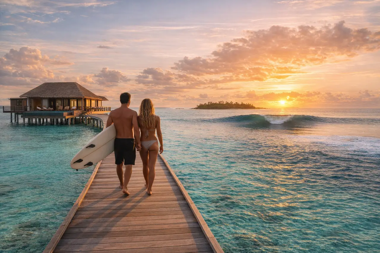 Couple walking on a Maldives overwater villa jetty with a surfboard at sunset