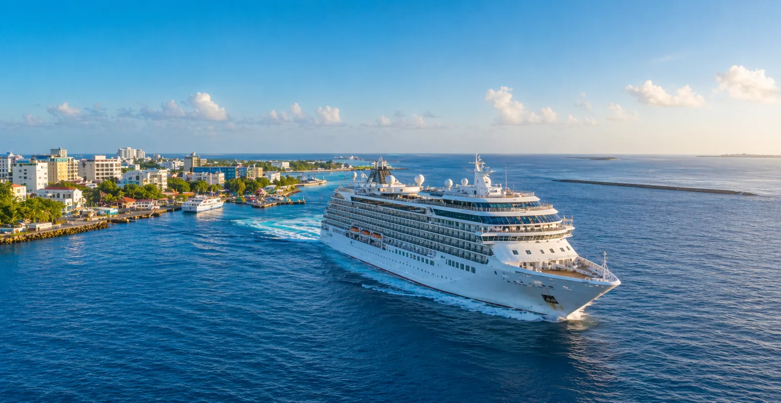 Cruise ship departing Malé harbour for a Maldives to India cruise planning page