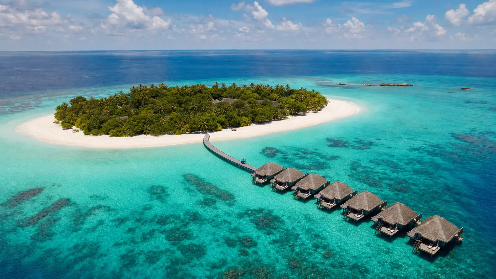 Aerial view of a Maldives island resort with overwater villas in a turquoise lagoon