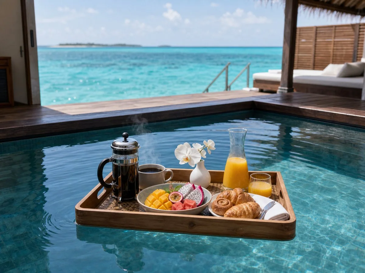Maldives honeymoon floating breakfast villa pool Floating breakfast in a maldives overwater villa pool