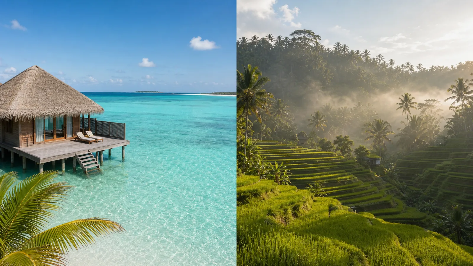 Maldives overwater villa with calm turquoise lagoon on the left, Bali green rice terrace and palm-covered cliff on the right, side by side comparison
