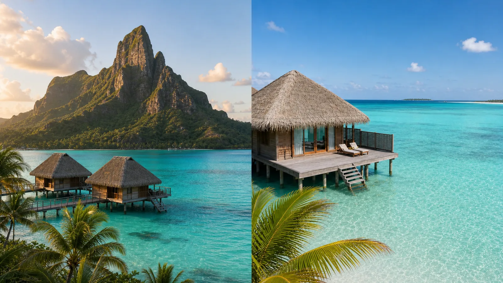 Mount Otemanu rising over a Bora Bora lagoon with overwater bungalows on the left, calm turquoise Maldives lagoon with a single overwater villa on the right, side by side comparison