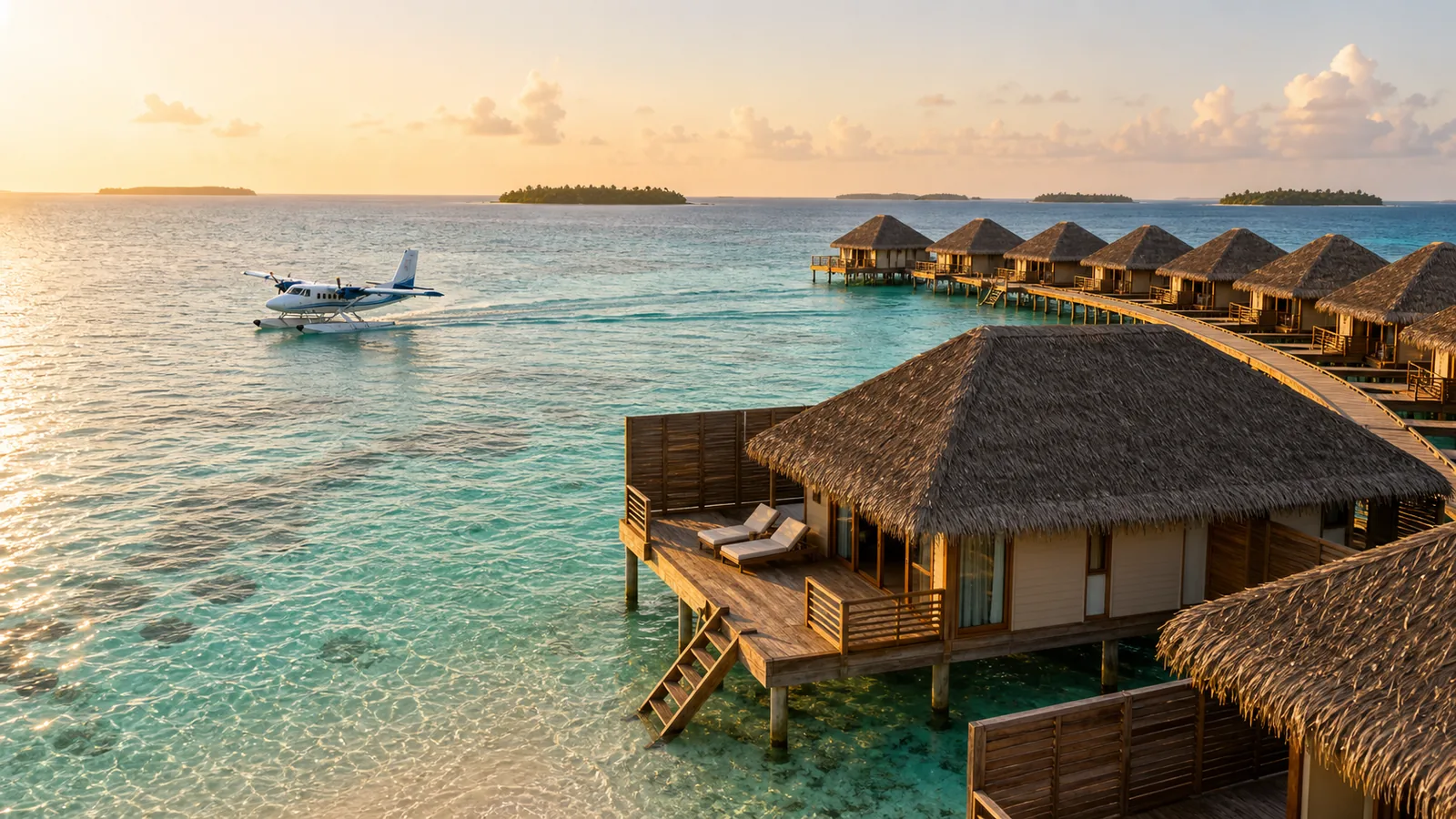 Maldives overwater villas with a Twin Otter seaplane taxiing on a turquoise lagoon at golden hour