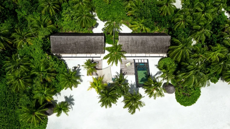 Top-down drone view of two thatched villas facing each other across a shared pool and garden at One&Only Reethi Rah, North MalΓ© Atoll