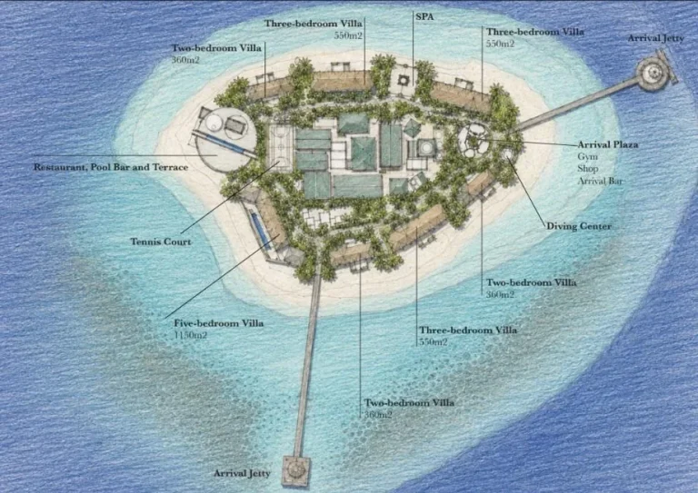 Illustrated map of Nilaa Coral Island showing villas, restaurant, spa, tennis court and arrival jetty in its reef, Gaafu Dhaalu Atoll