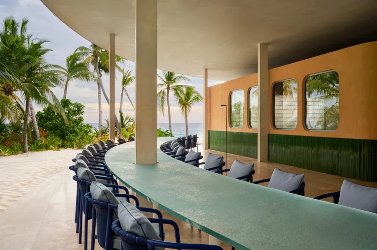 Nilaa Coral Island, Gaafu Dhaalu Atoll, Maldives: the all-day restaurant with its long communal table