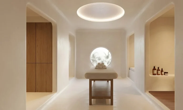 Minimal white treatment room with a round light and a massage bed, Nilaa Coral Island, Maldives