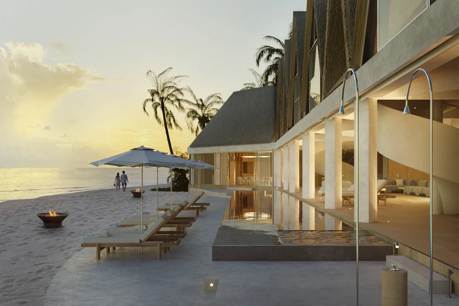 Nilaa Coral Island, Gaafu Dhaalu Atoll, Maldives: villa pool deck and loungers at sunset