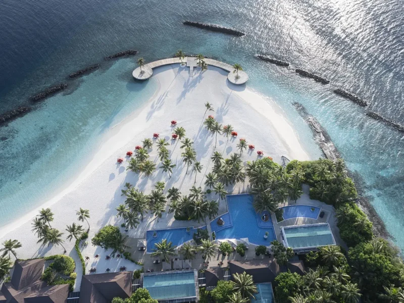 Aerial view of a curved white beach, turquoise lagoon and blue pools among palms on the island of Dhigali, Raa Atoll, Maldives