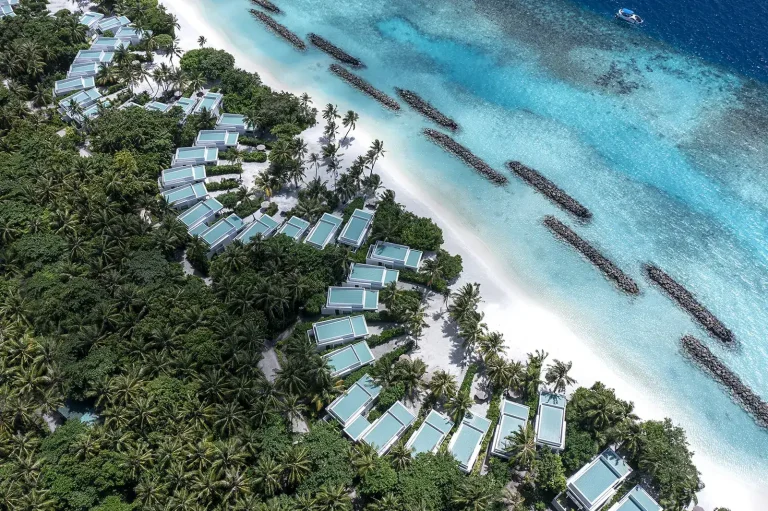 Overhead view of a row of white roofed bungalows among palms beside a white beach and turquoise water, Niva Dhigali Maldives