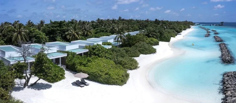 Aerial view of white beach villas tucked into dense green vegetation along a long white beach and lagoon, Niva Dhigali Maldives
