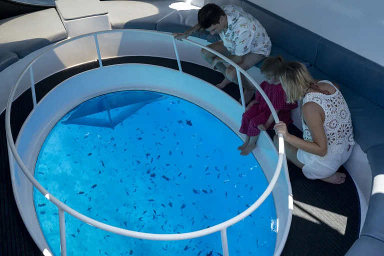 Family looking down through the round glass floor of a boat at fish swimming over the reef, Niva Dhigali Maldives