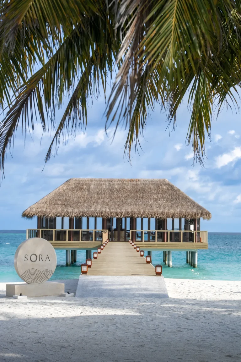 Thatched overwater restaurant at the end of a jetty under palm fronds with a Sora sign on the beach, Niva Velassaru Maldives