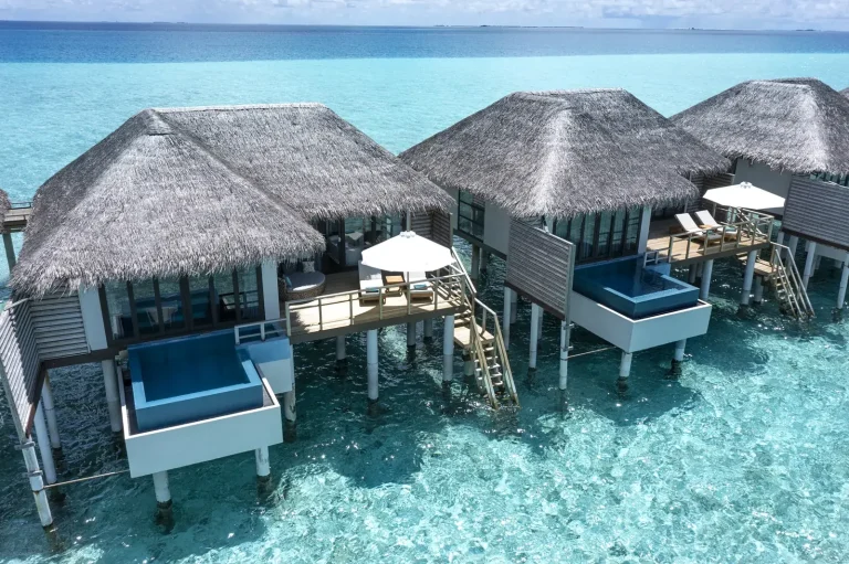 Thatched overwater villas with private pools and steps down into clear turquoise water, Niva Velassaru Maldives