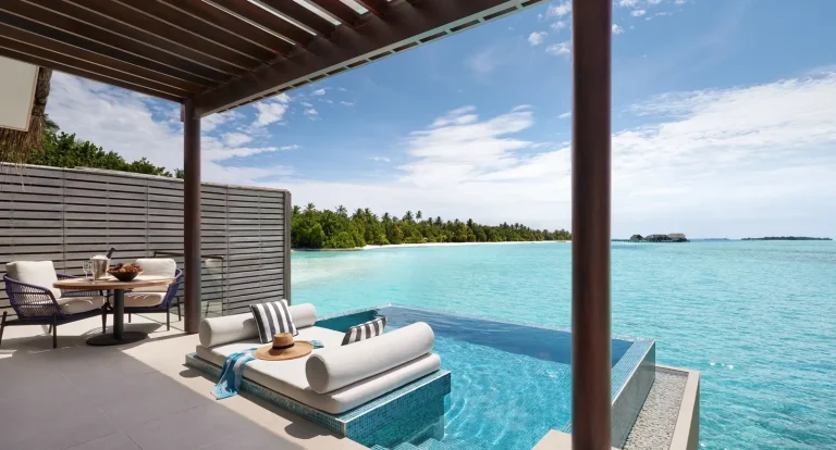 Pool deck of an Over Water Pool Villa at Niyama Private Islands with a private pool facing the Indian Ocean, Dhaalu Atoll, Maldives