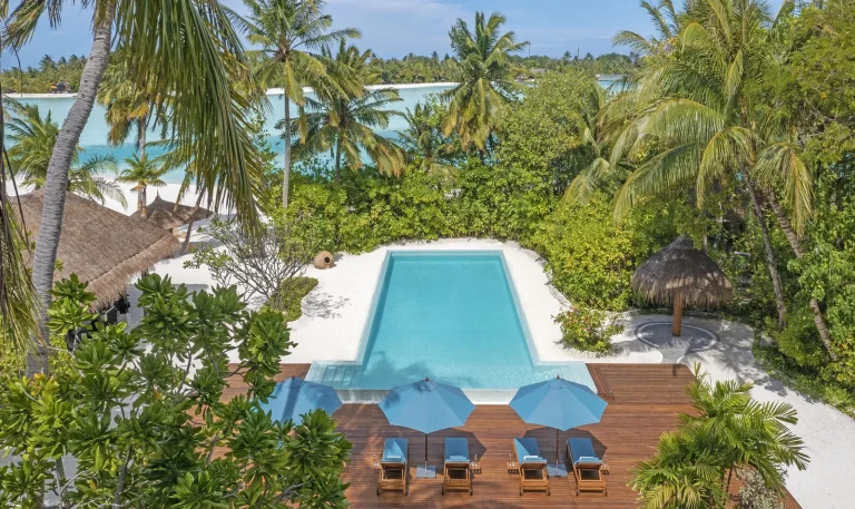 Aerial view of a Naladhu Private Island pool house with a long turquoise pool, blue umbrellas and loungers among palm trees, South MalΓ© Atoll