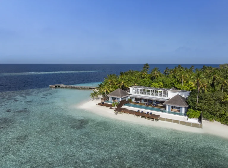 The Halcyon Grand Estate, a white two-storey villa with pool on a sandy point between lagoon and jetty, The Halcyon Private Isles, Gaafu Alifu Atoll