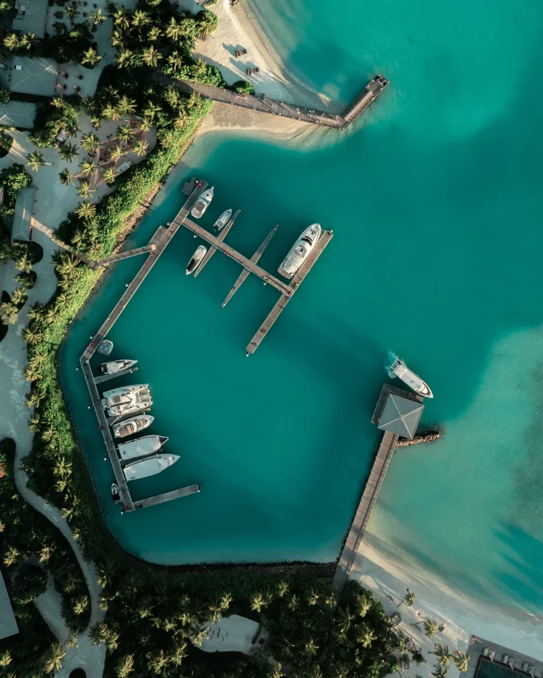 Aerial view of a small marina with boats moored beside a palm-covered island at Fari Marina Village