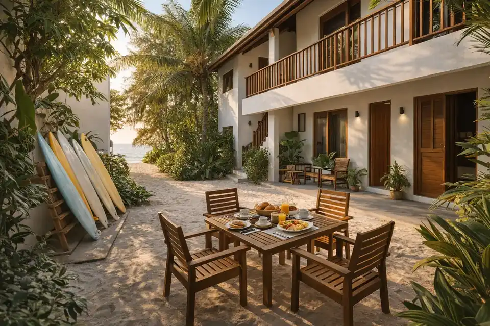Stylish local-island surf guesthouse courtyard with surfboards, tropical plants, and breakfast near the beach